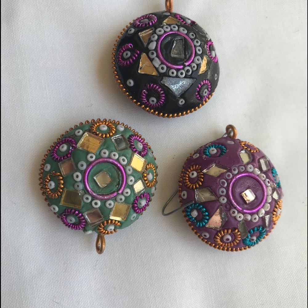 Vtg. Mirrored Mosaic Jeweled Disco Christmas Ornaments Multi Colored Lot of 3